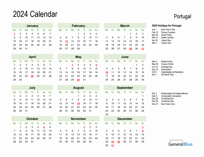 Holiday Calendar 2024 for Portugal (Monday Start)