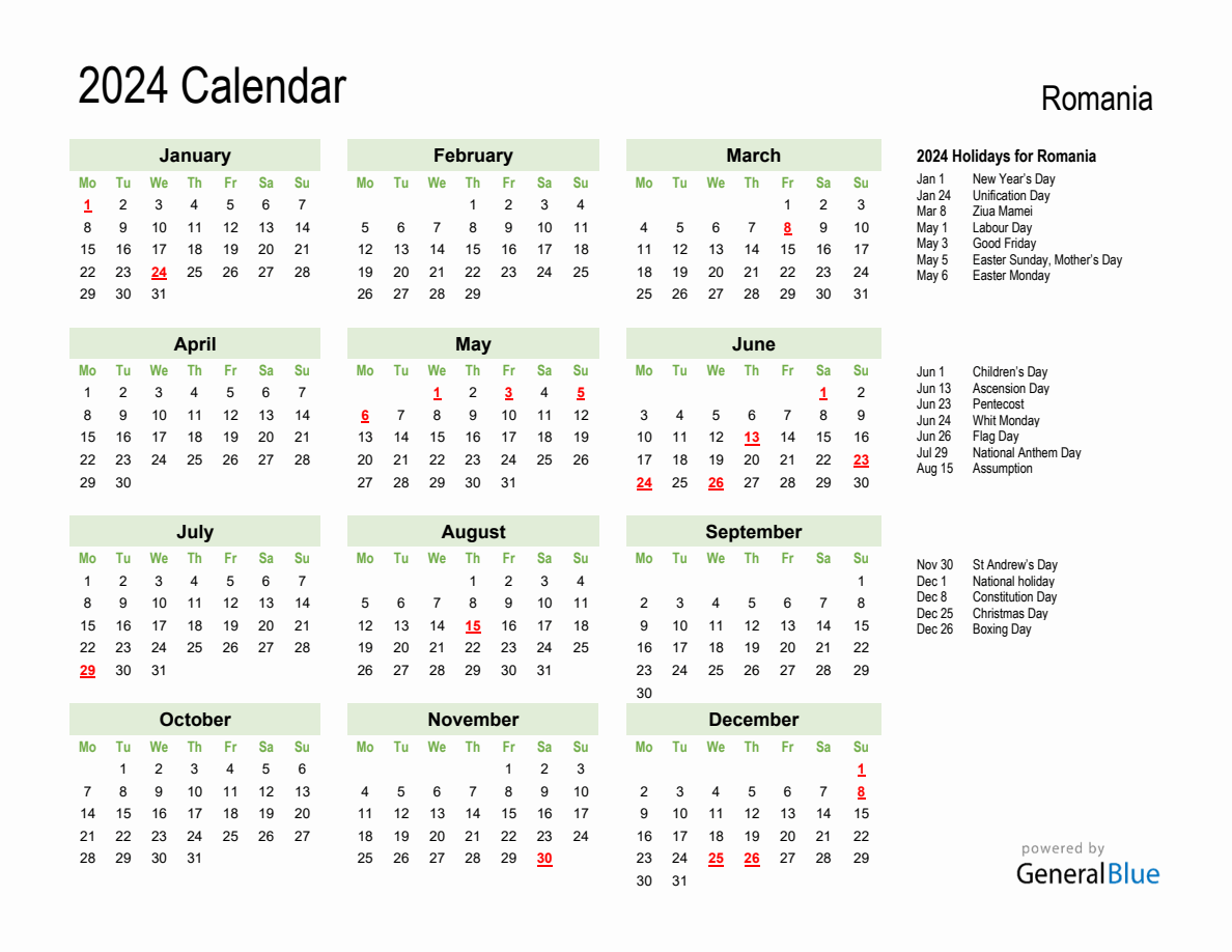 Holiday Calendar 2024 For Romania Monday Start   2024 Calendar Green With Holidays Landscape Monday Start En Ro 1188x918 