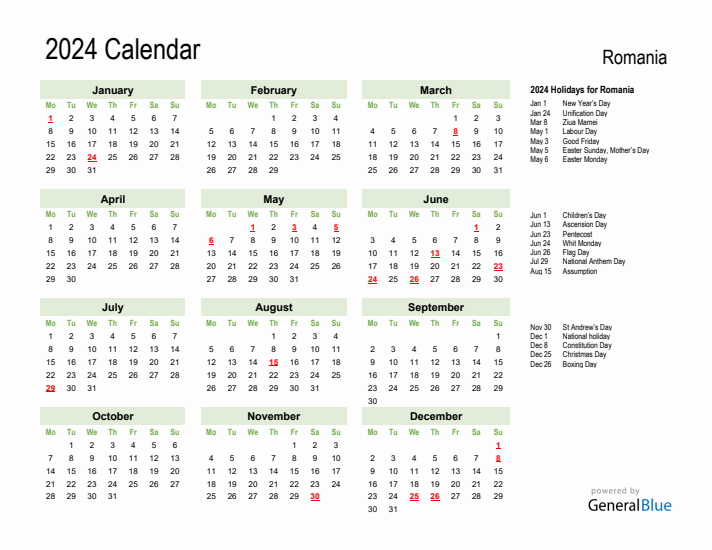 Holiday Calendar 2024 for Romania (Monday Start)