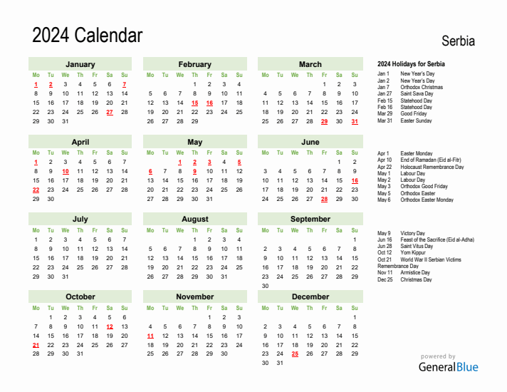 Holiday Calendar 2024 for Serbia (Monday Start)