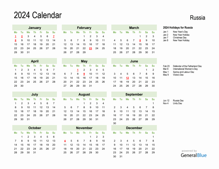 Holiday Calendar 2024 for Russia (Monday Start)