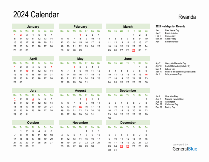 Holiday Calendar 2024 for Rwanda (Monday Start)