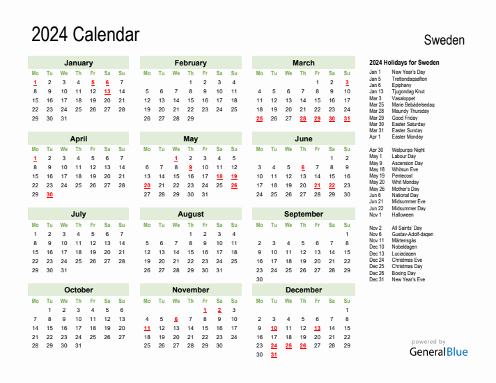 Holiday Calendar 2024 for Sweden (Monday Start)