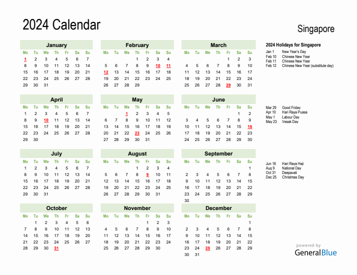 Holiday Calendar 2024 for Singapore (Monday Start)
