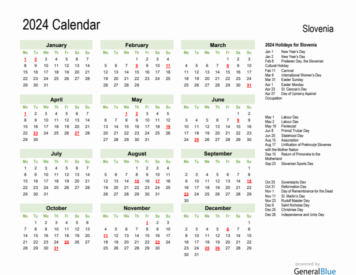 Holiday Calendar 2024 for Slovenia (Monday Start)
