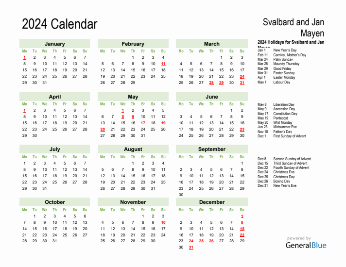 Holiday Calendar 2024 for Svalbard and Jan Mayen (Monday Start)