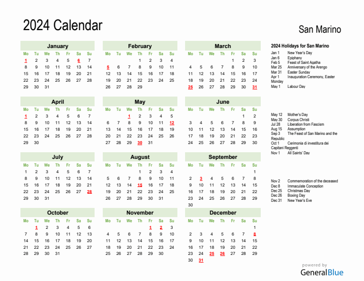 Holiday Calendar 2024 for San Marino (Monday Start)