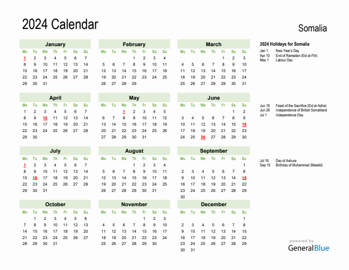 Holiday Calendar 2024 for Somalia (Monday Start)