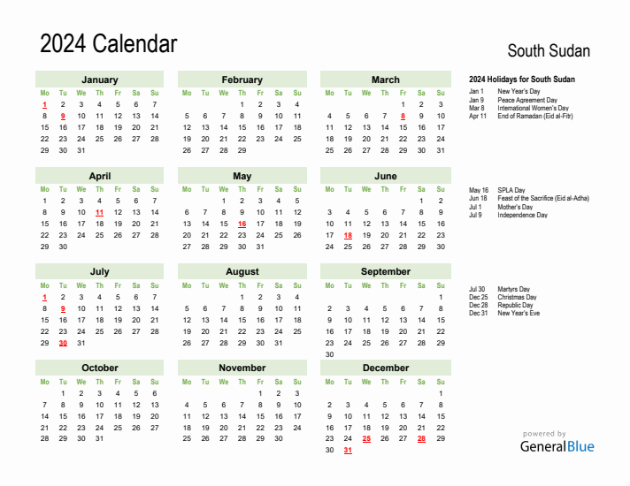 Holiday Calendar 2024 for South Sudan (Monday Start)