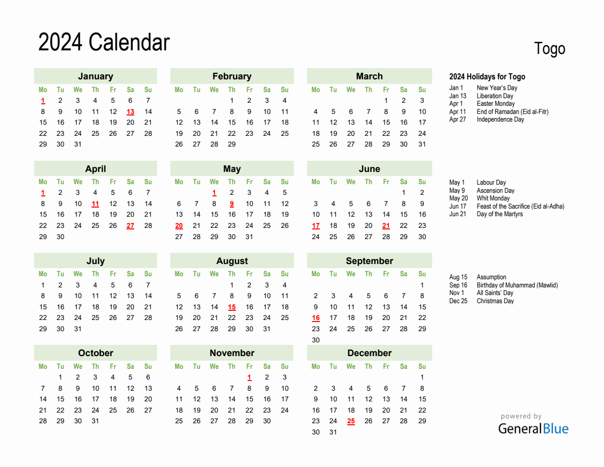 Holiday Calendar 2024 for Togo (Monday Start)