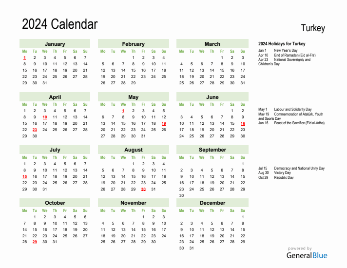 Holiday Calendar 2024 for Turkey (Monday Start)