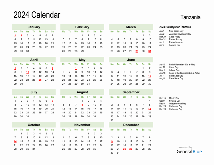 Holiday Calendar 2024 for Tanzania (Monday Start)