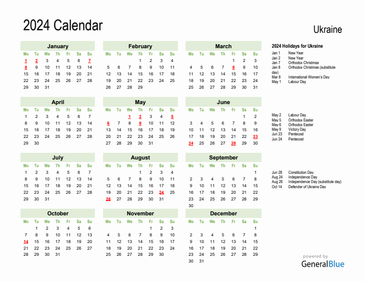 Holiday Calendar 2024 for Ukraine (Monday Start)