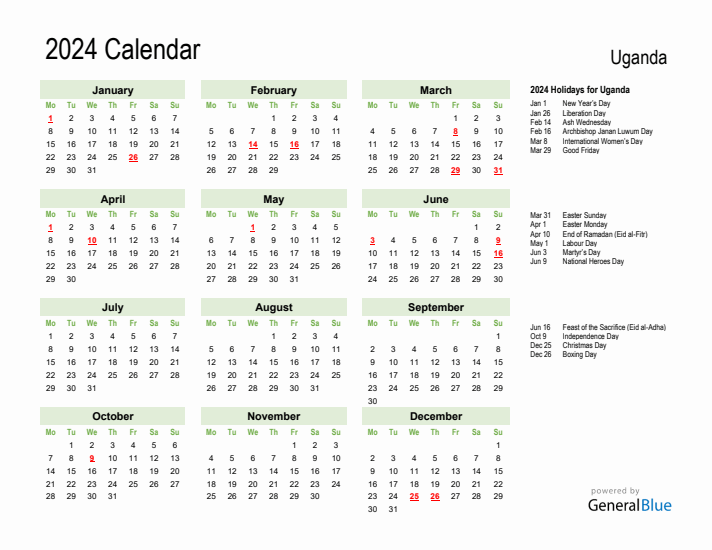 Holiday Calendar 2024 for Uganda (Monday Start)