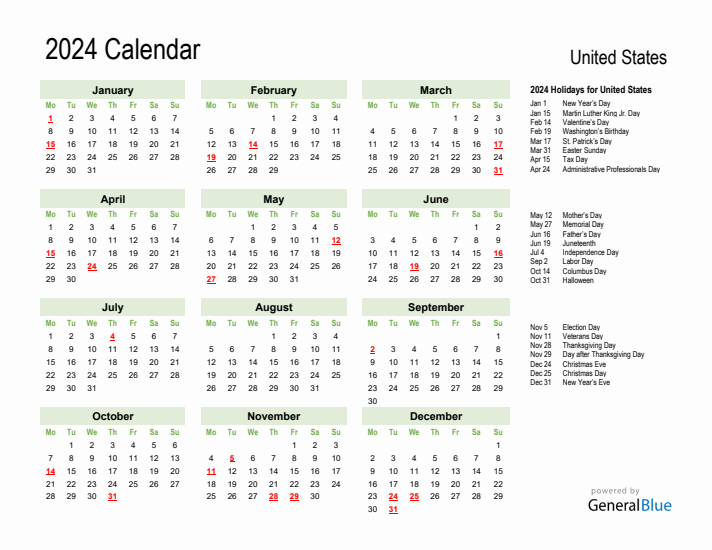 Holiday Calendar 2024 for United States (Monday Start)