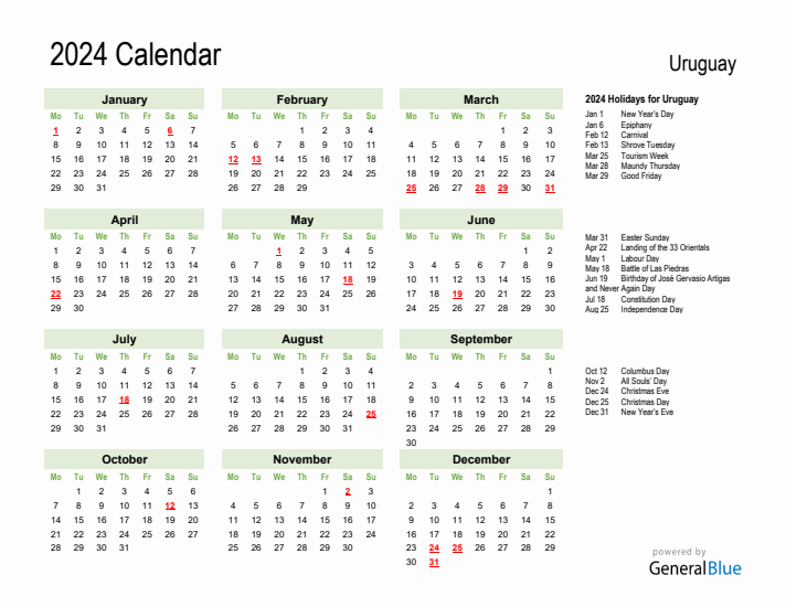 Holiday Calendar 2024 for Uruguay (Monday Start)
