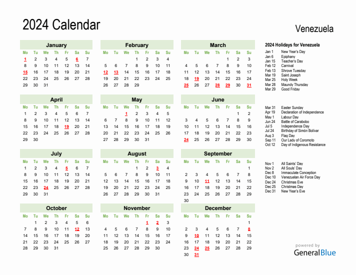 Holiday Calendar 2024 for Venezuela (Monday Start)