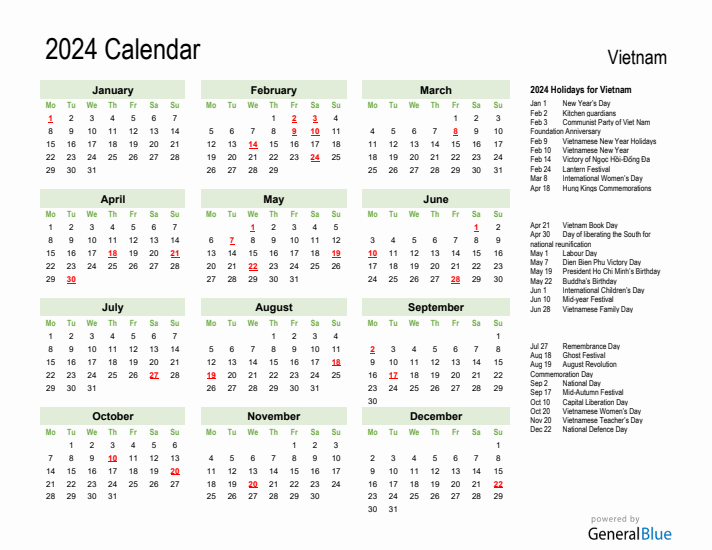 Holiday Calendar 2024 for Vietnam (Monday Start)