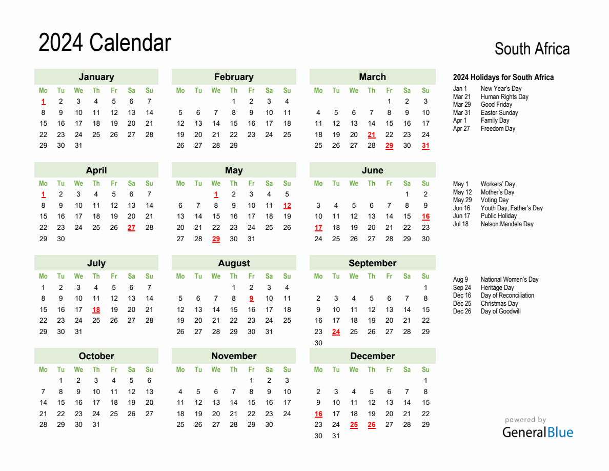 Holiday Calendar 2024 for South Africa (Monday Start)