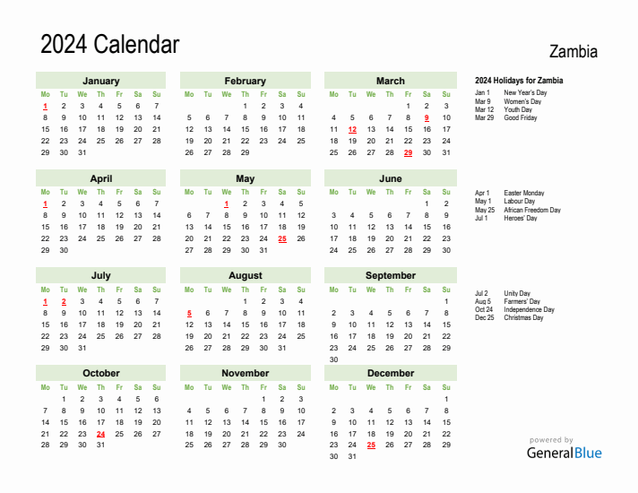 Holiday Calendar 2024 for Zambia (Monday Start)
