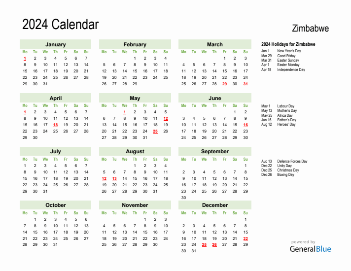 Holiday Calendar 2024 for Zimbabwe (Monday Start)