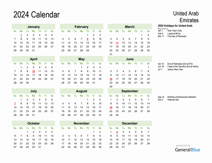 Holiday Calendar 2024 for United Arab Emirates (Sunday Start)