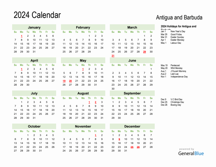 Holiday Calendar 2024 for Antigua and Barbuda (Sunday Start)
