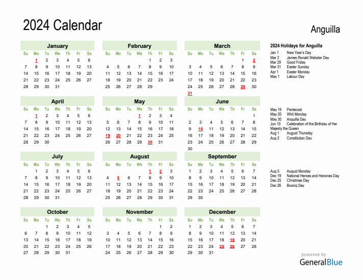 Holiday Calendar 2024 for Anguilla (Sunday Start)