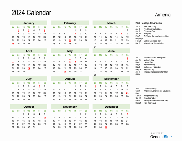 Holiday Calendar 2024 for Armenia (Sunday Start)