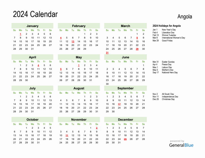 Holiday Calendar 2024 for Angola (Sunday Start)