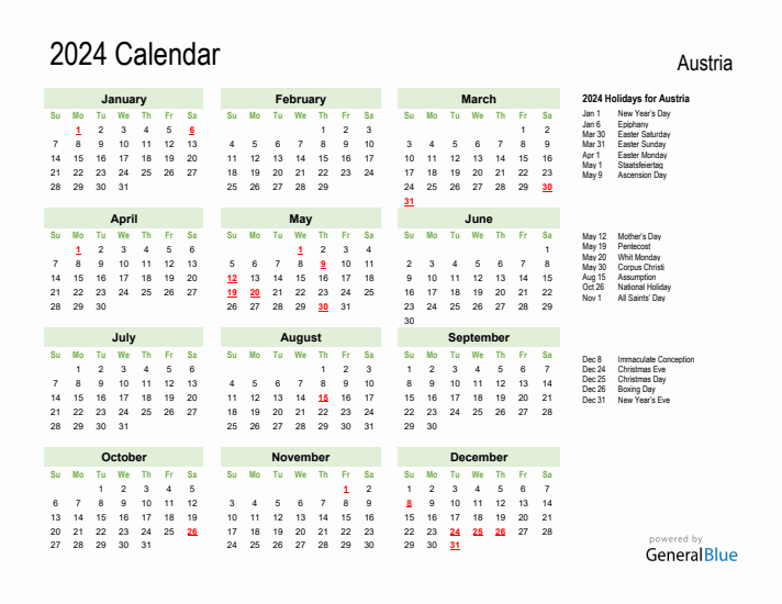 Holiday Calendar 2024 for Austria (Sunday Start)