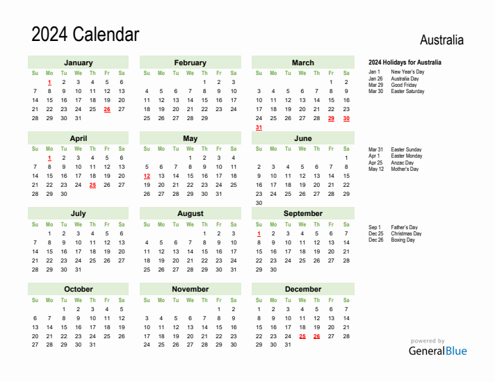 Holiday Calendar 2024 for Australia (Sunday Start)