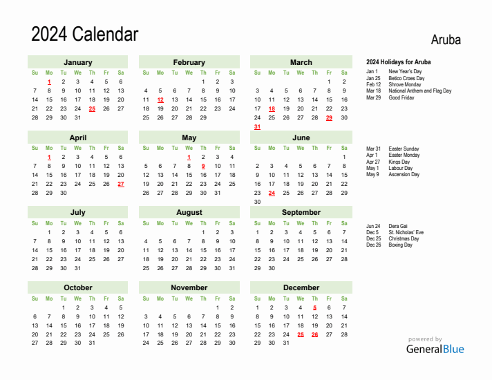 Holiday Calendar 2024 for Aruba (Sunday Start)