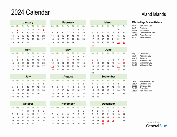 Holiday Calendar 2024 for Aland Islands (Sunday Start)
