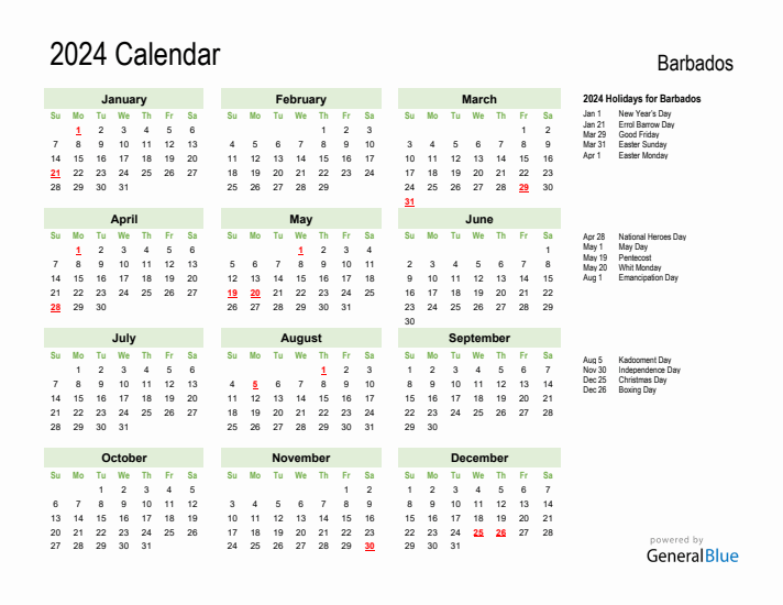 Holiday Calendar 2024 for Barbados (Sunday Start)
