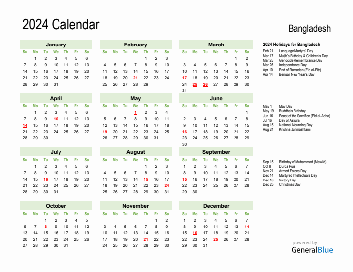 Holiday Calendar 2024 for Bangladesh (Sunday Start)