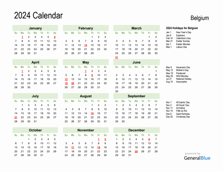 Holiday Calendar 2024 for Belgium (Sunday Start)