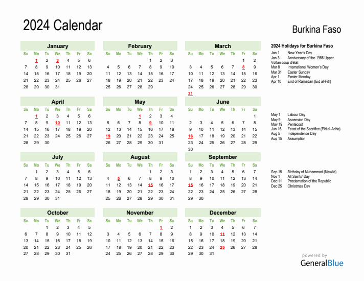 Holiday Calendar 2024 for Burkina Faso (Sunday Start)