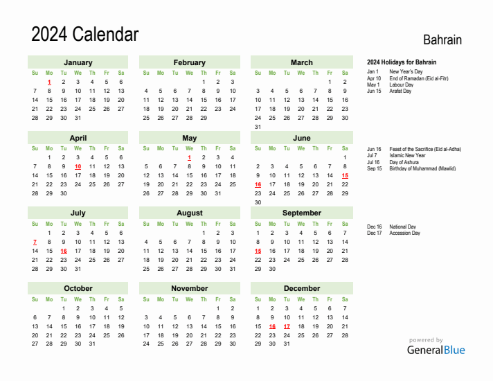 Holiday Calendar 2024 for Bahrain (Sunday Start)
