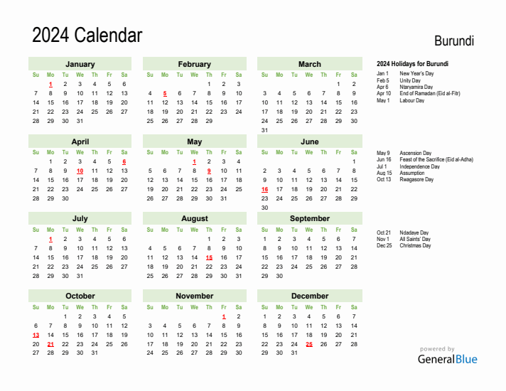 Holiday Calendar 2024 for Burundi (Sunday Start)