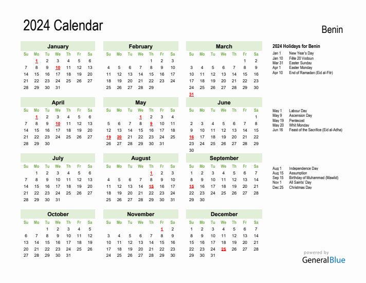 Holiday Calendar 2024 for Benin (Sunday Start)