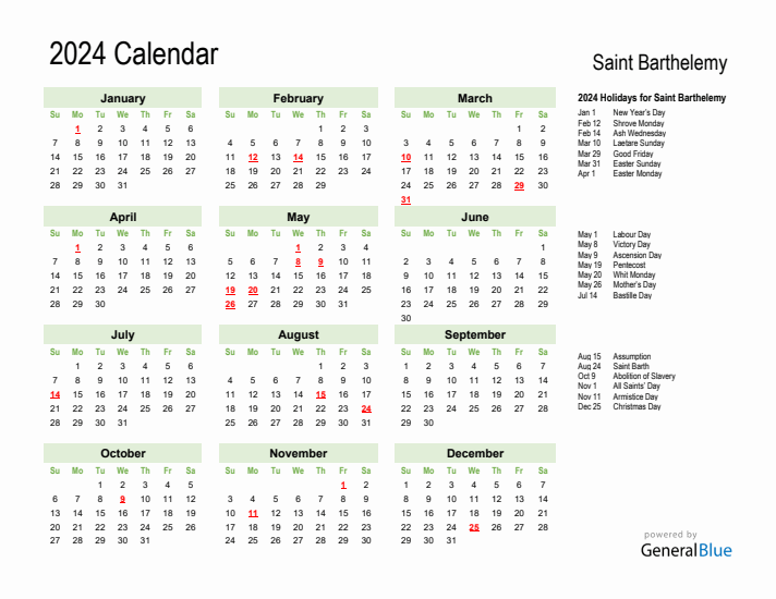 Holiday Calendar 2024 for Saint Barthelemy (Sunday Start)