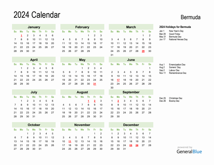 Holiday Calendar 2024 for Bermuda (Sunday Start)