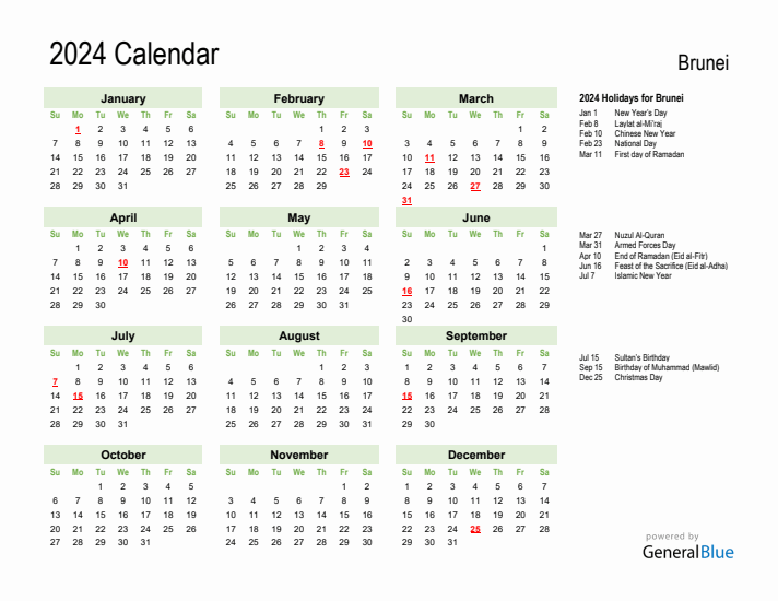 Holiday Calendar 2024 for Brunei (Sunday Start)