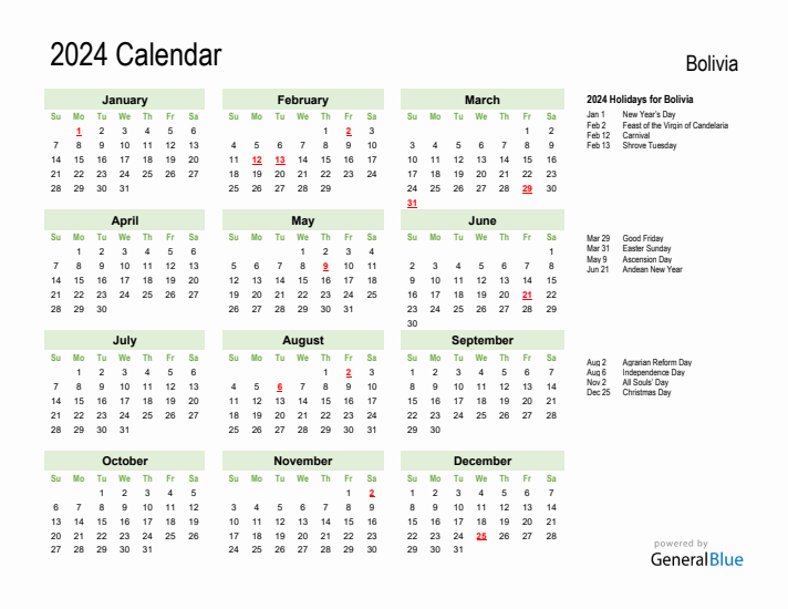 Holiday Calendar 2024 for Bolivia (Sunday Start)