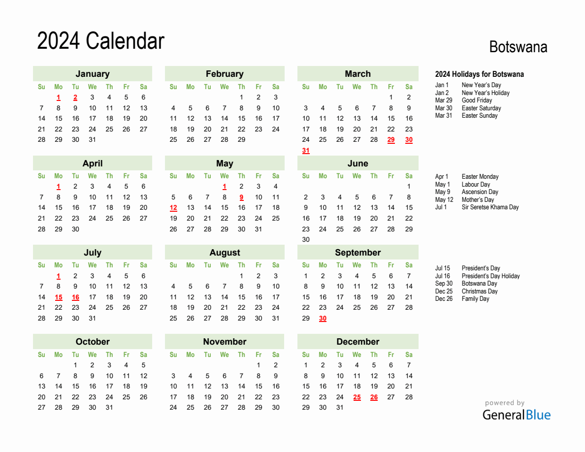 Holiday Calendar 2024 for Botswana (Sunday Start)