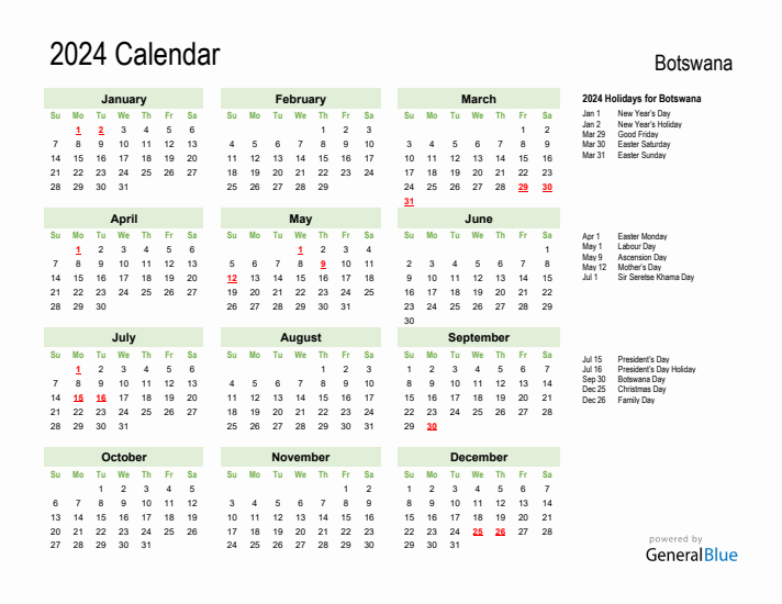 Holiday Calendar 2024 for Botswana (Sunday Start)