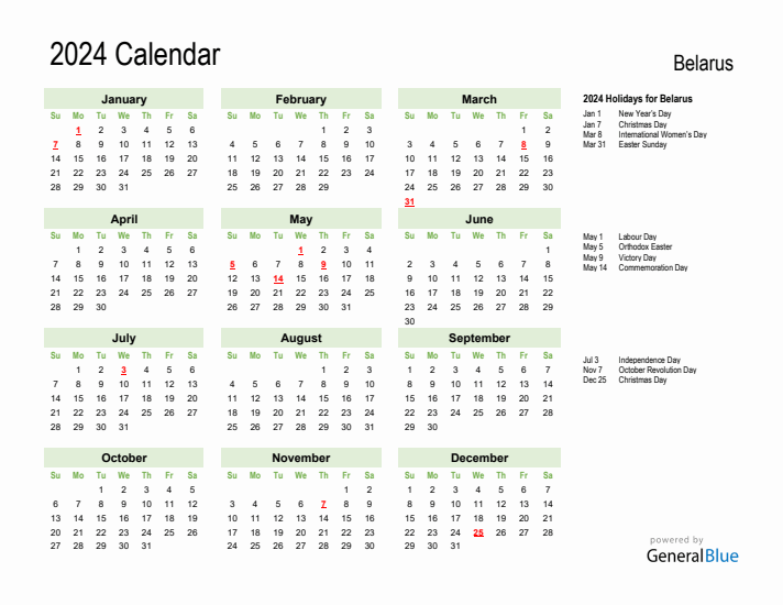 Holiday Calendar 2024 for Belarus (Sunday Start)