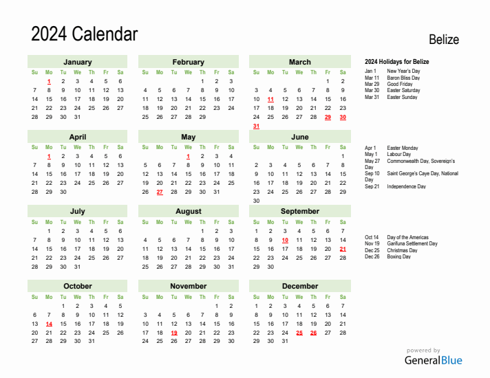 Holiday Calendar 2024 for Belize (Sunday Start)