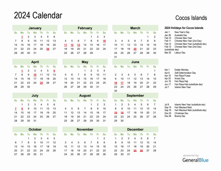Holiday Calendar 2024 for Cocos Islands (Sunday Start)